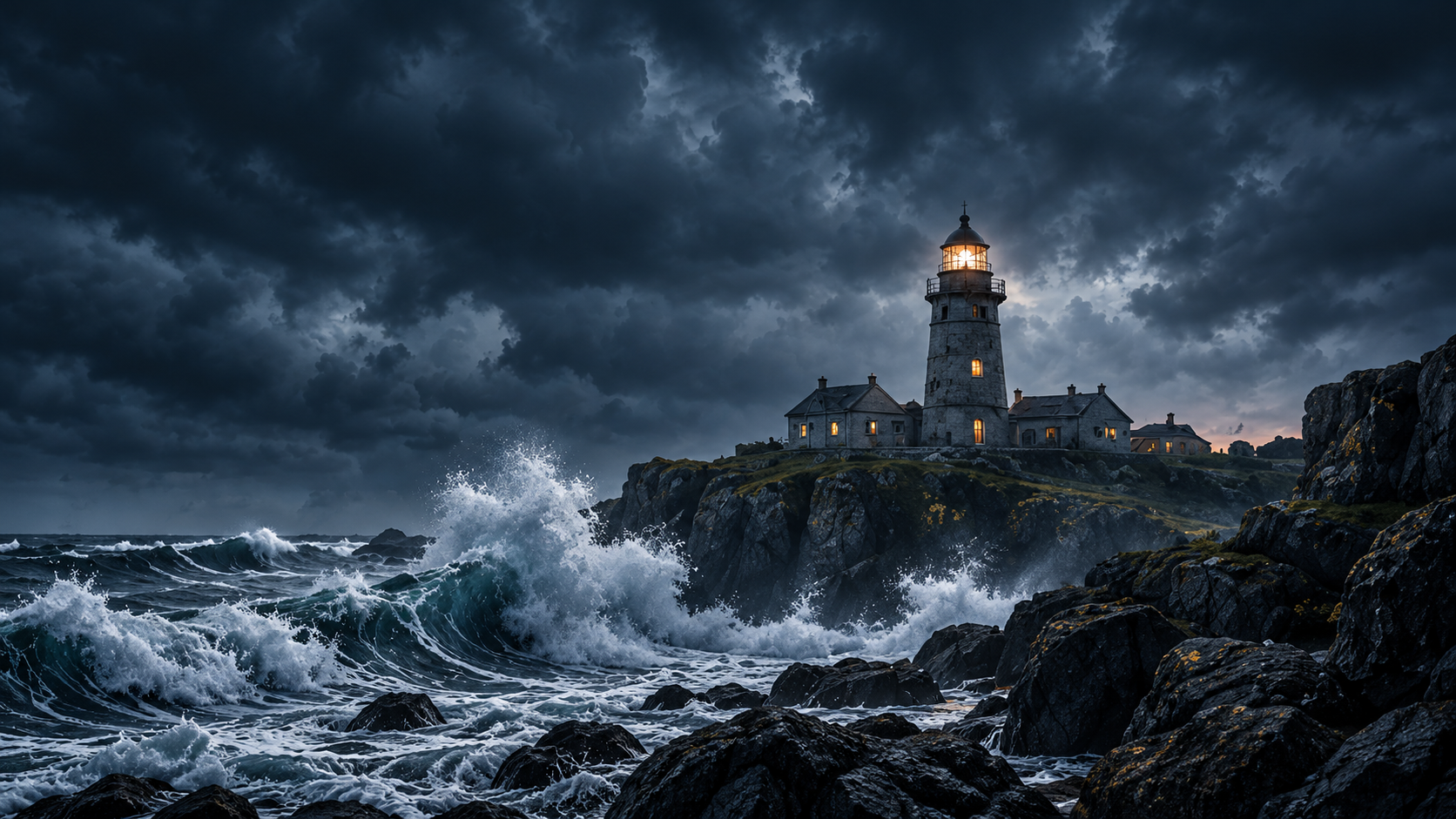 A lighthouse shining over a rocky coastline beneath storm clouds